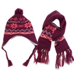 Winter Knitted Ear Flap Lined Snowflake Beanie Scarf